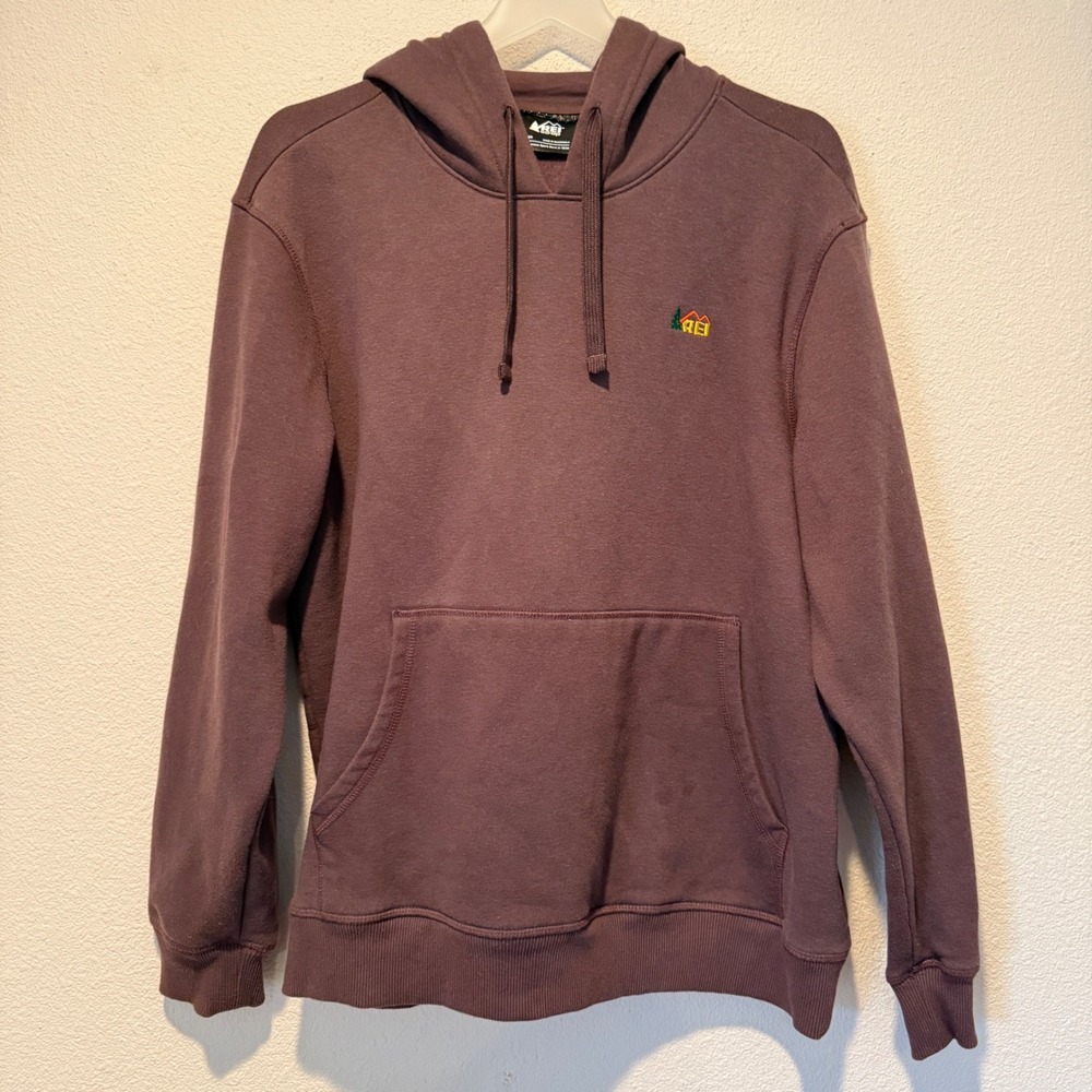REI Co-op Mens Large Purple Graphic Pullover Hoodie Sweatshirt Mountain Logo